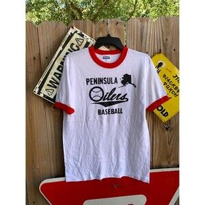 70s-80s Peninsula Oilers Baseball autographed - white and red cotton tee size L